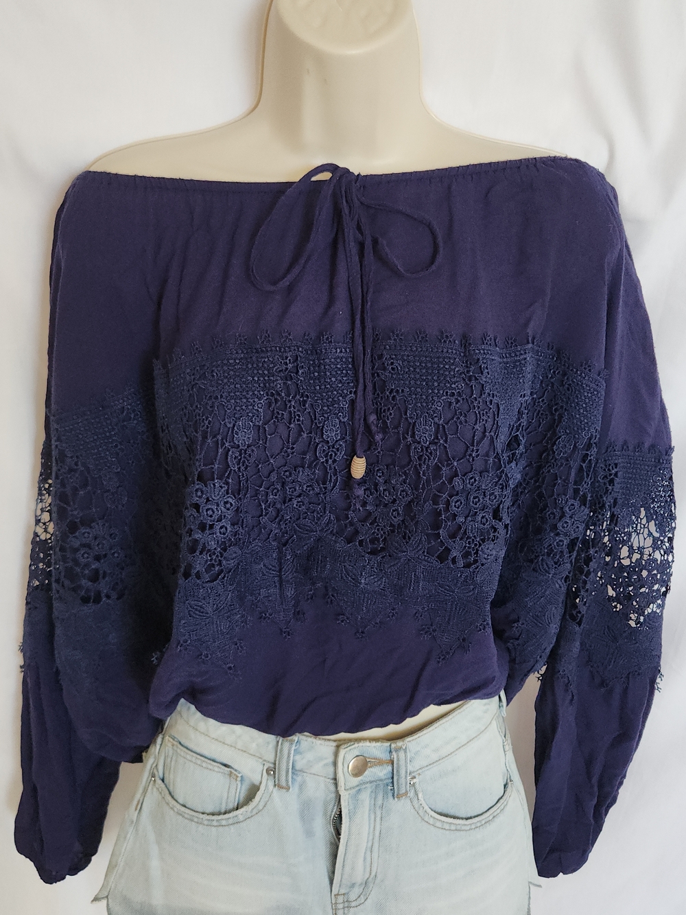 Shyanne Navy Crochet Lace Off Shoulder Boho Peasant Blouse M